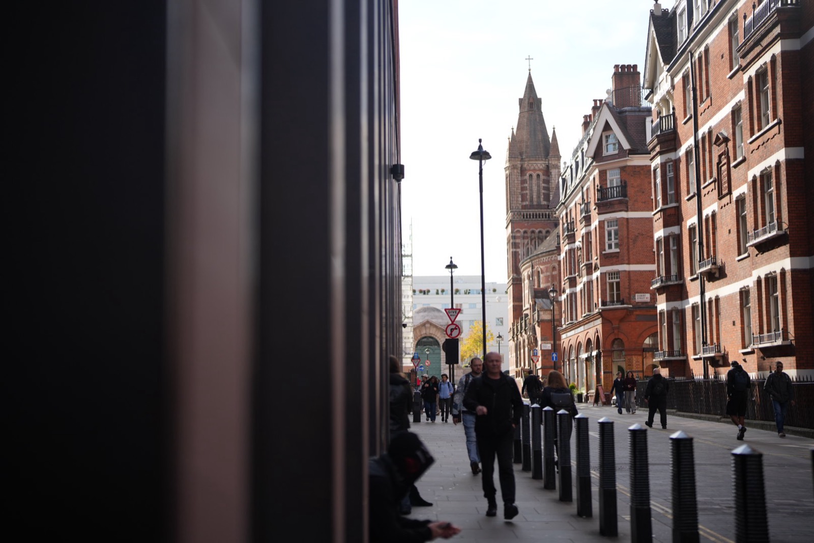 London street, church spire in the distance